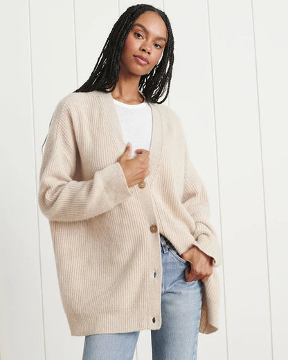 Women's Oversized Ribbed Knit Cardigan with V-Neck Button Front