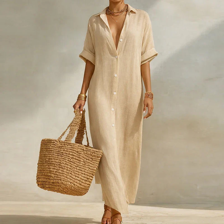 Olivia | Women's Linen Long Shirt Dress-Omni Prime Goods