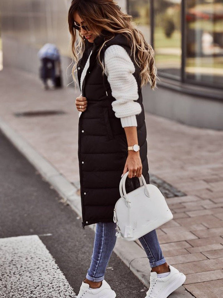 Women's Long Padded Vest with Pockets and Stand-Up Collar