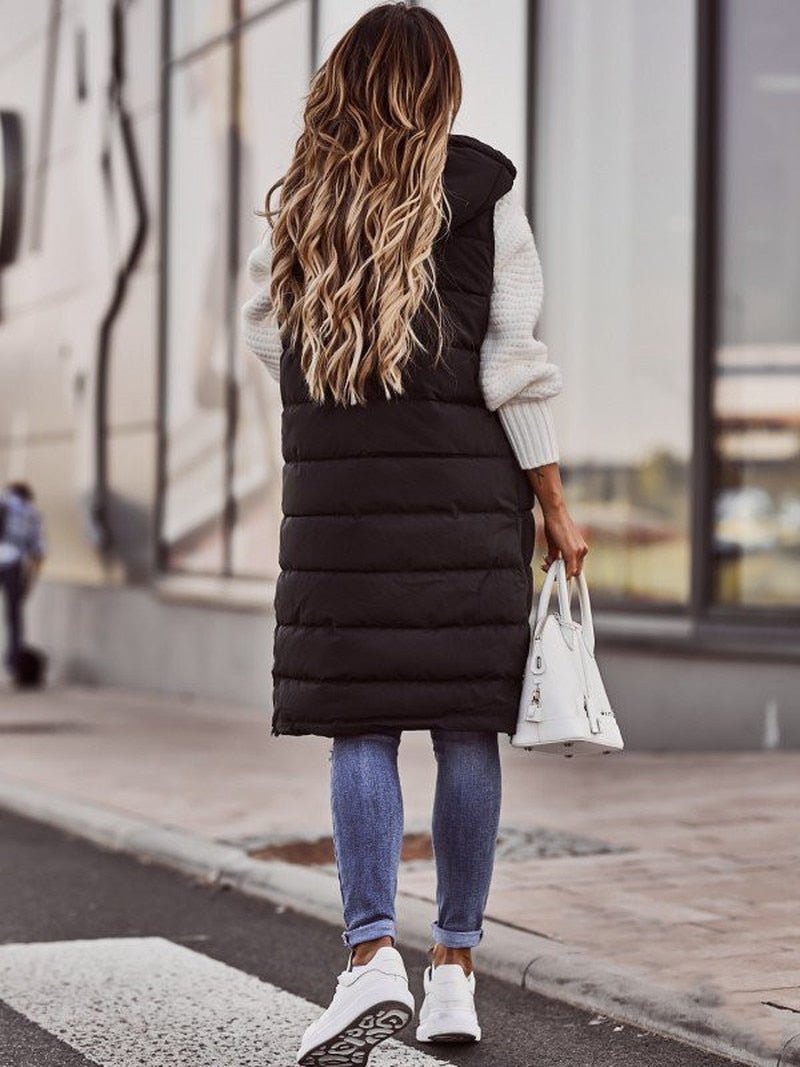 Women's Long Padded Vest with Pockets and Stand-Up Collar