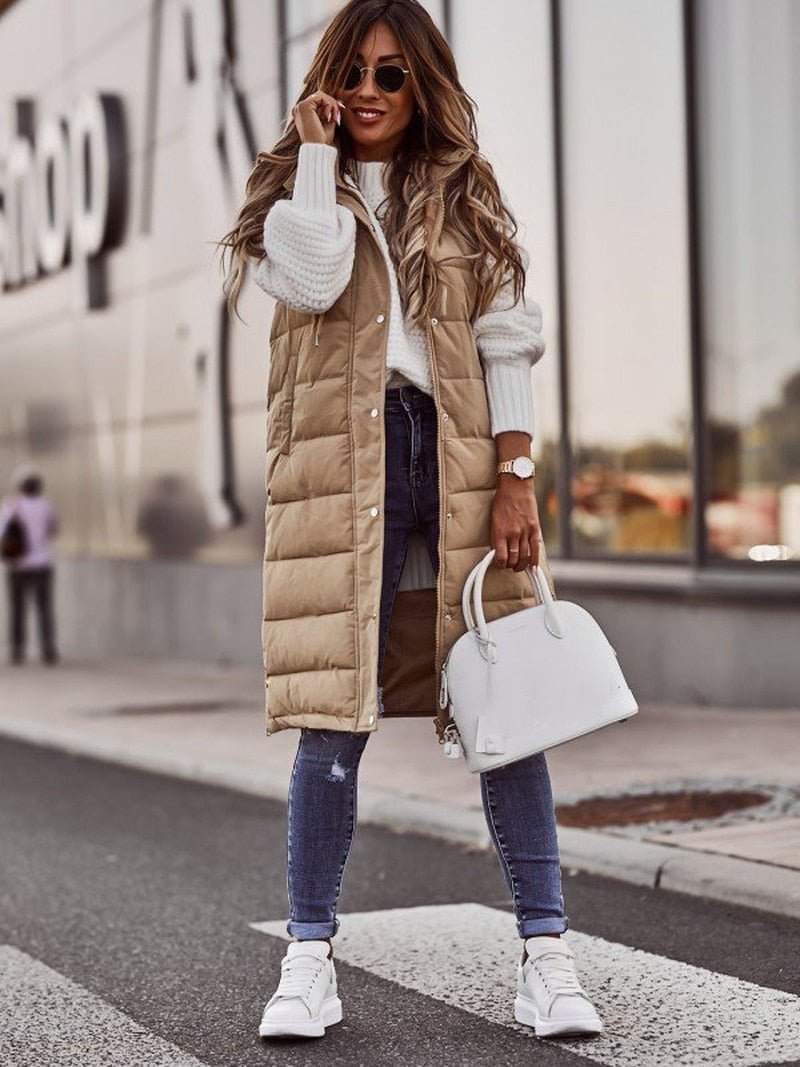 Women's Long Padded Vest with Pockets and Stand-Up Collar