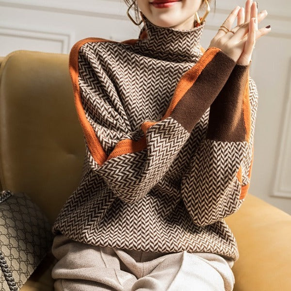 Women's High-neck Striped Sweater with Contrast Design
