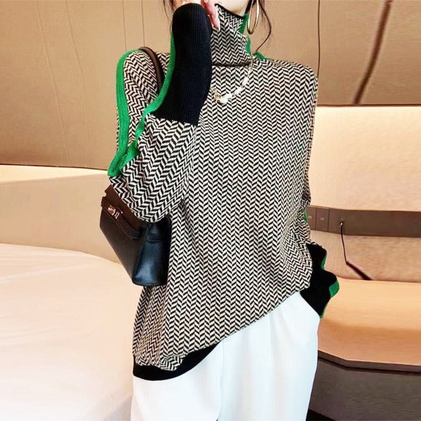 Women's High-neck Striped Sweater with Contrast Design