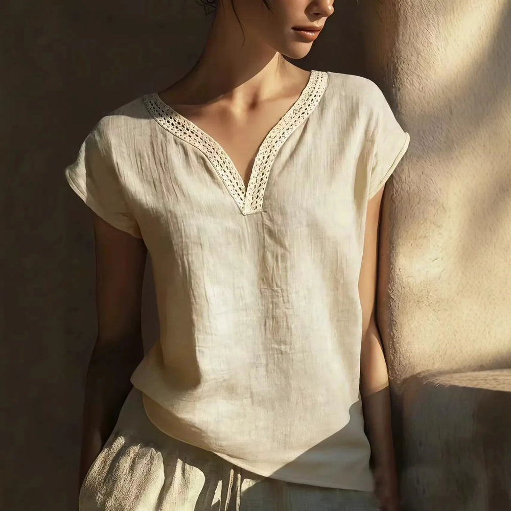 Phoebe | Women's Lace Trim Linen Blouse-Omni Prime Goods
