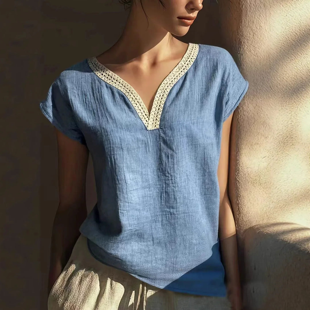 Phoebe | Women's Lace Trim Linen Blouse-Omni Prime Goods