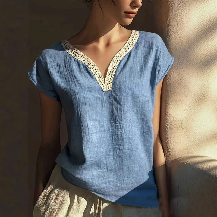 Phoebe | Women's Lace Trim Linen Blouse-Omni Prime Goods