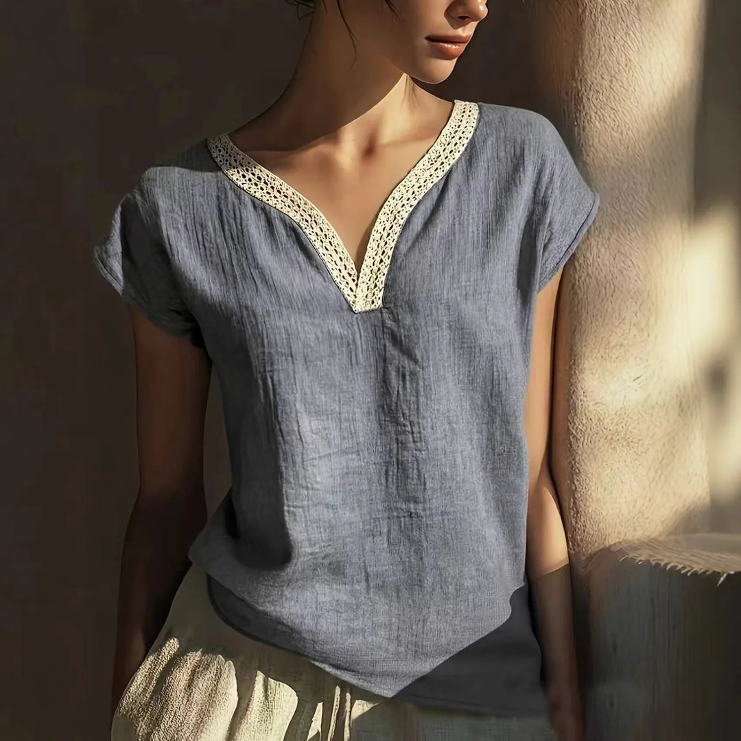 Phoebe | Women's Lace Trim Linen Blouse-Omni Prime Goods