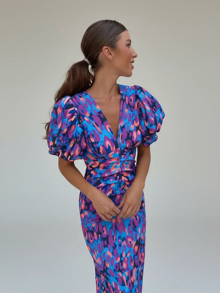 Sophia | Women's Puff Sleeve Printed Cocktail Midi Dress