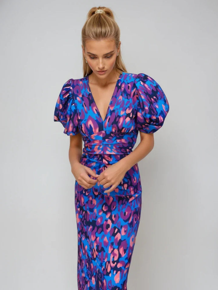 Sophia | Women's Puff Sleeve Printed Cocktail Midi Dress