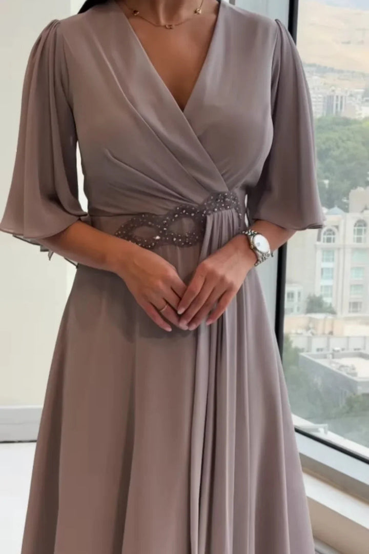 Renee | Women's V-Neck Wrap Midi Dress-Omni Prime Goods
