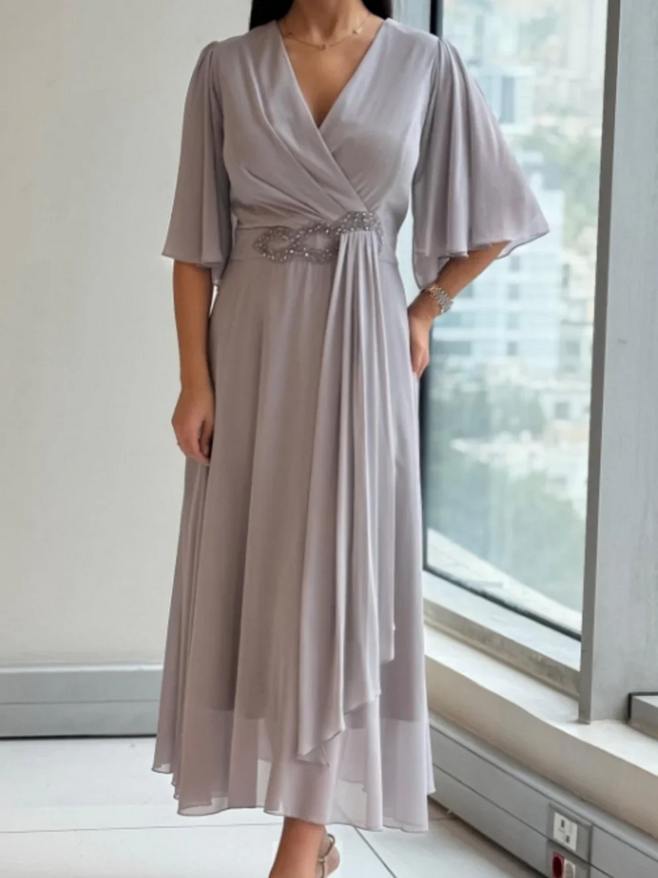 Renee | Women's V-Neck Wrap Midi Dress-Omni Prime Goods