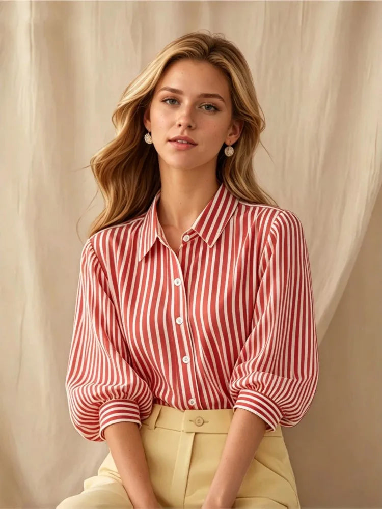 Rosalinda | Women's Striped Puff Sleeve Top-Omni Prime Goods