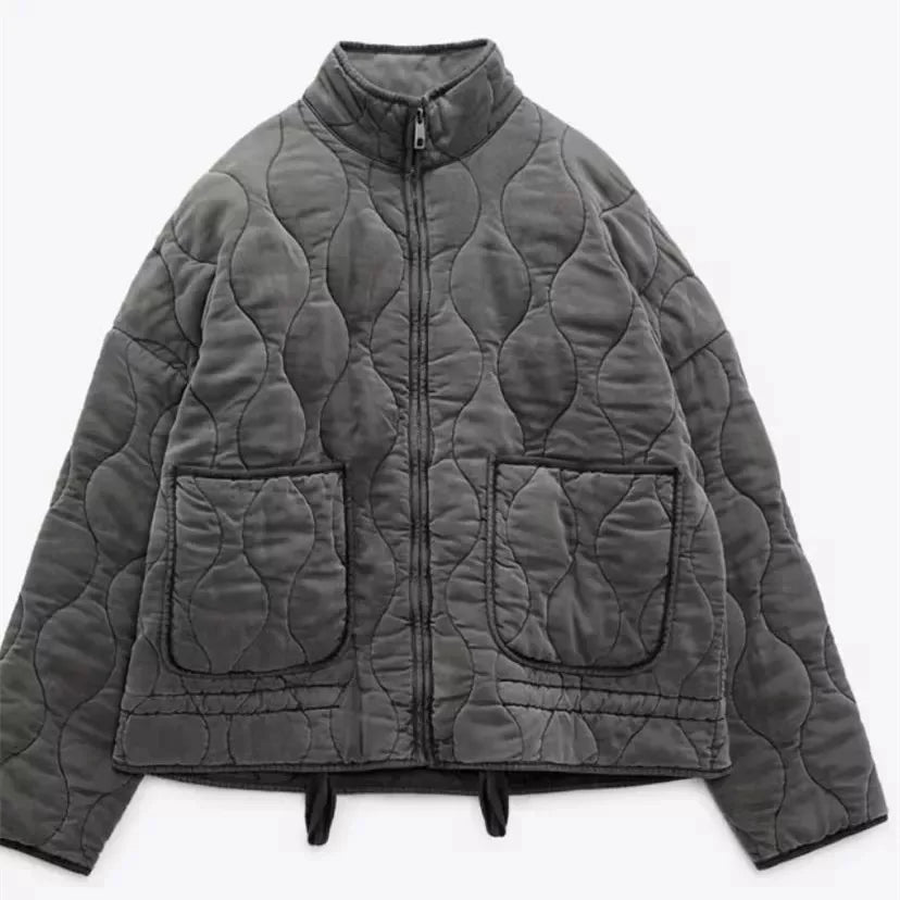 Women's Cropped Padded Jacket with Pockets and Adjustable Belt