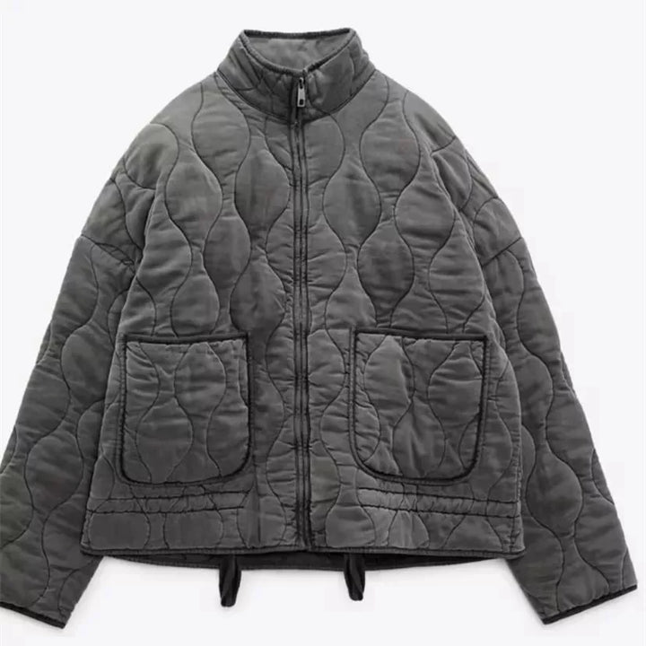 Women's Cropped Padded Jacket with Pockets and Adjustable Belt