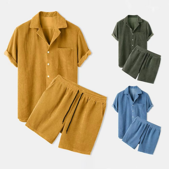 Men's Summer Corduroy 2-Piece Outfit – Short Sleeve Shirt & Shorts