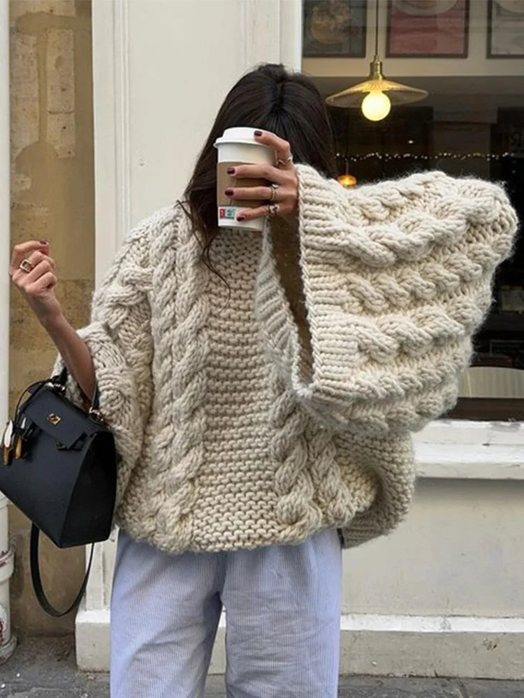 Women’s Oversized Knitted Sweater | Cable Knit with Balloon Sleeves