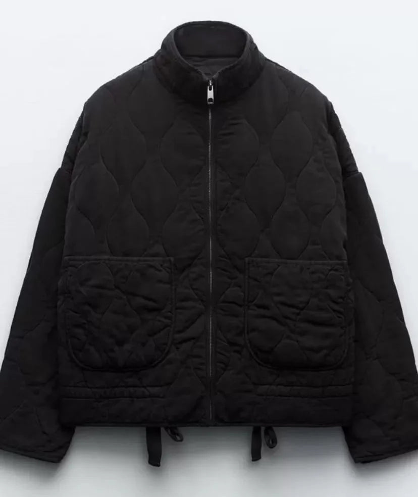 Women's Cropped Padded Jacket with Pockets and Adjustable Belt