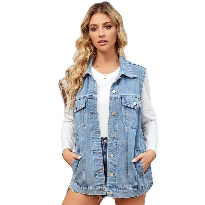 Women's Denim Vest with Removable Hood, Sleeveless Cardigan Jacket