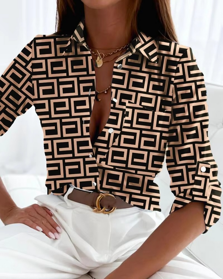 Women's Elegant Stripe Print Long Sleeve Blouse – Slim Fit Office Top