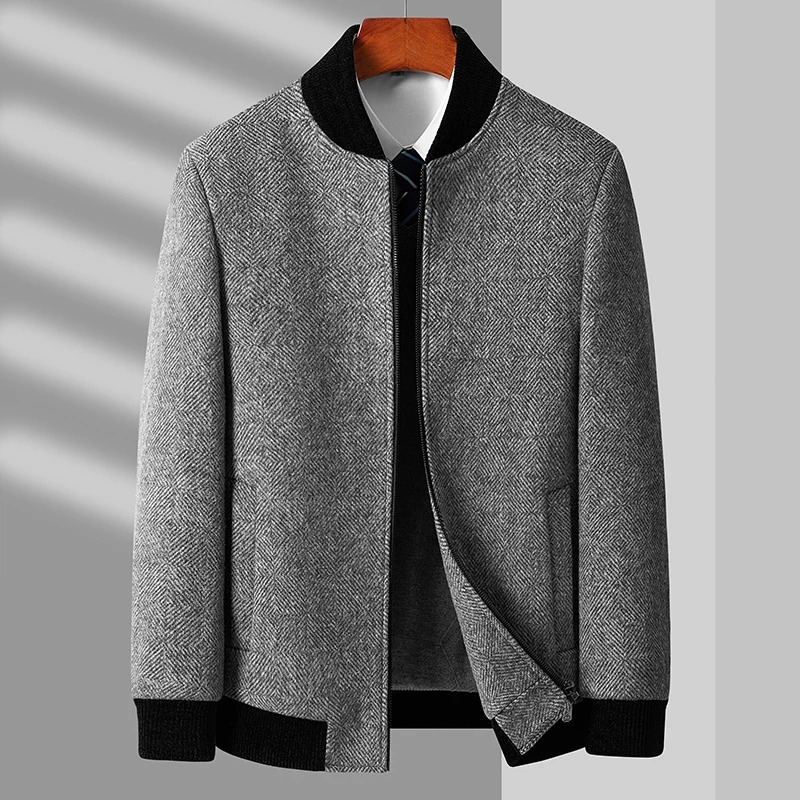 Men's Gray Wool Blend Jacket – Round Collar Business Casual Coat