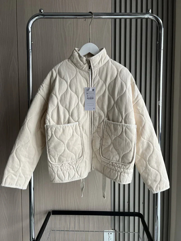 Women's Cropped Padded Jacket with Pockets and Adjustable Belt