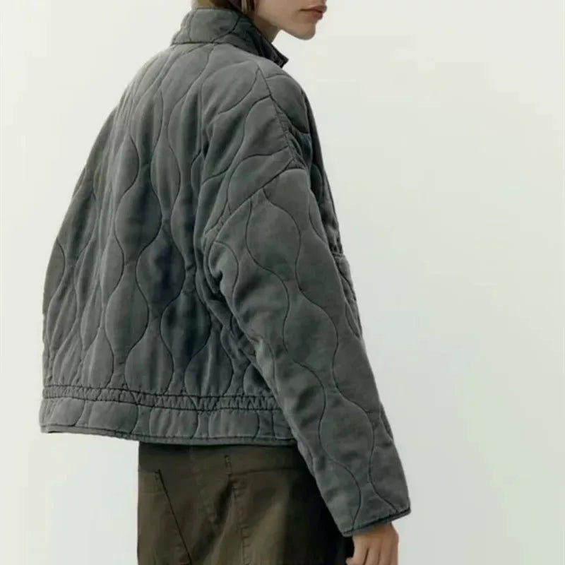 Women's Cropped Padded Jacket with Pockets and Adjustable Belt