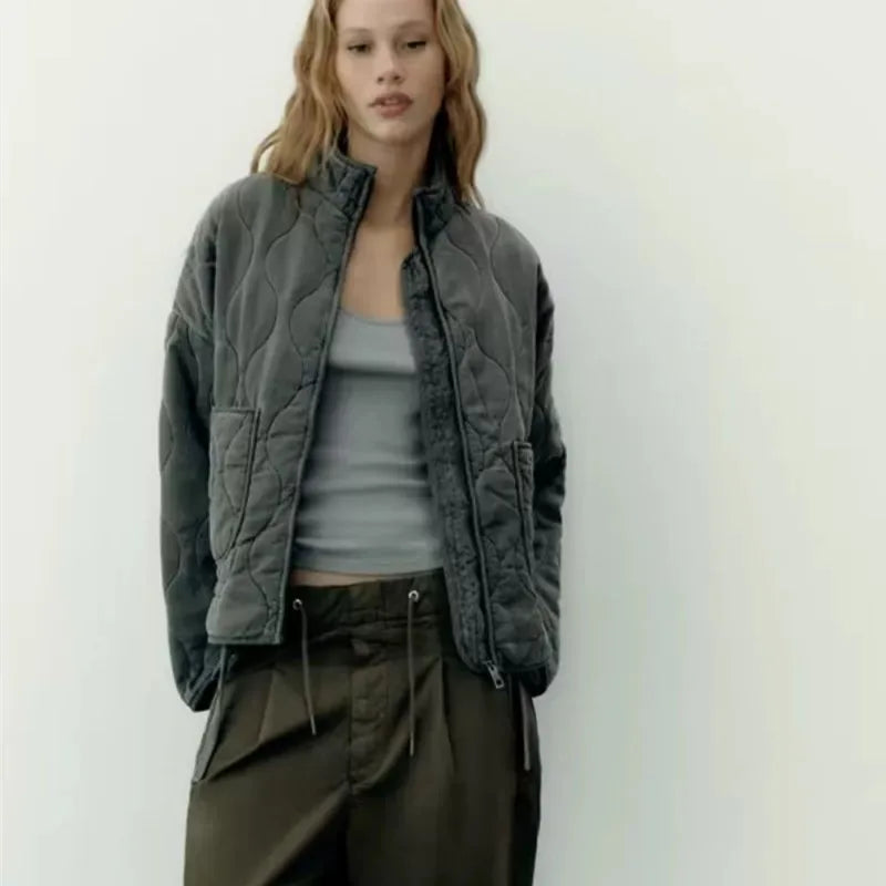 Women's Cropped Padded Jacket with Pockets and Adjustable Belt