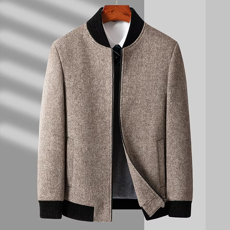 Men's Gray Wool Blend Business Casual Jacket with Round Collar