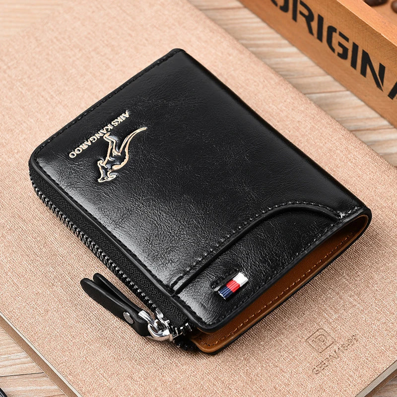 Men's RFID-Blocking Leather Wallet with Zipper Closure