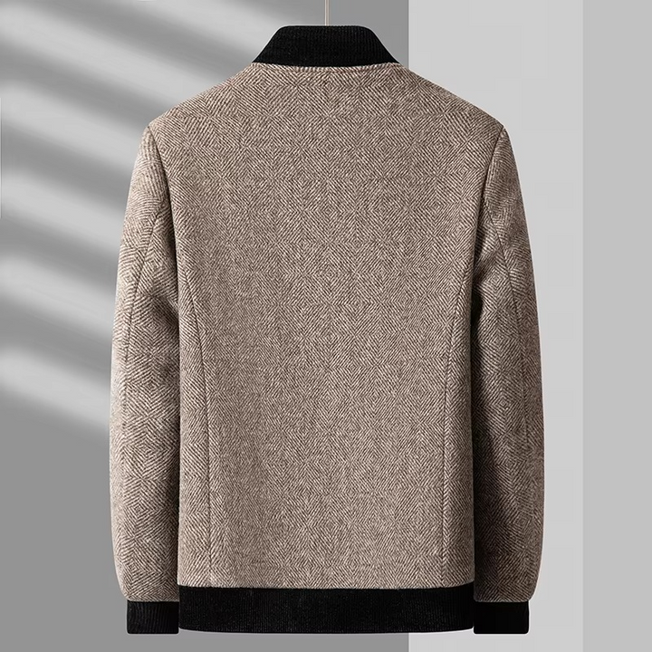 Men's Gray Wool Blend Jacket – Round Collar Business Casual Coat
