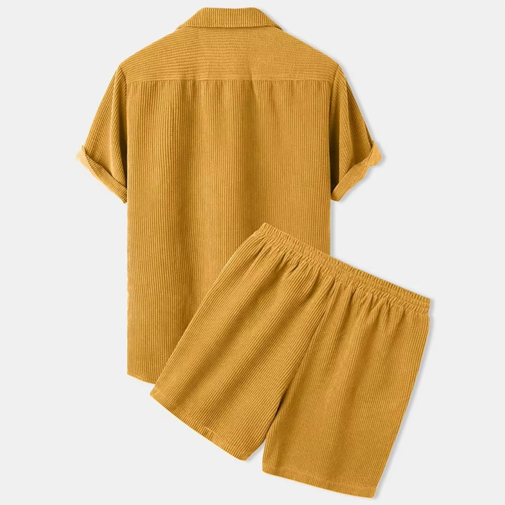Men's Summer Corduroy 2-Piece Outfit – Short Sleeve Shirt & Shorts