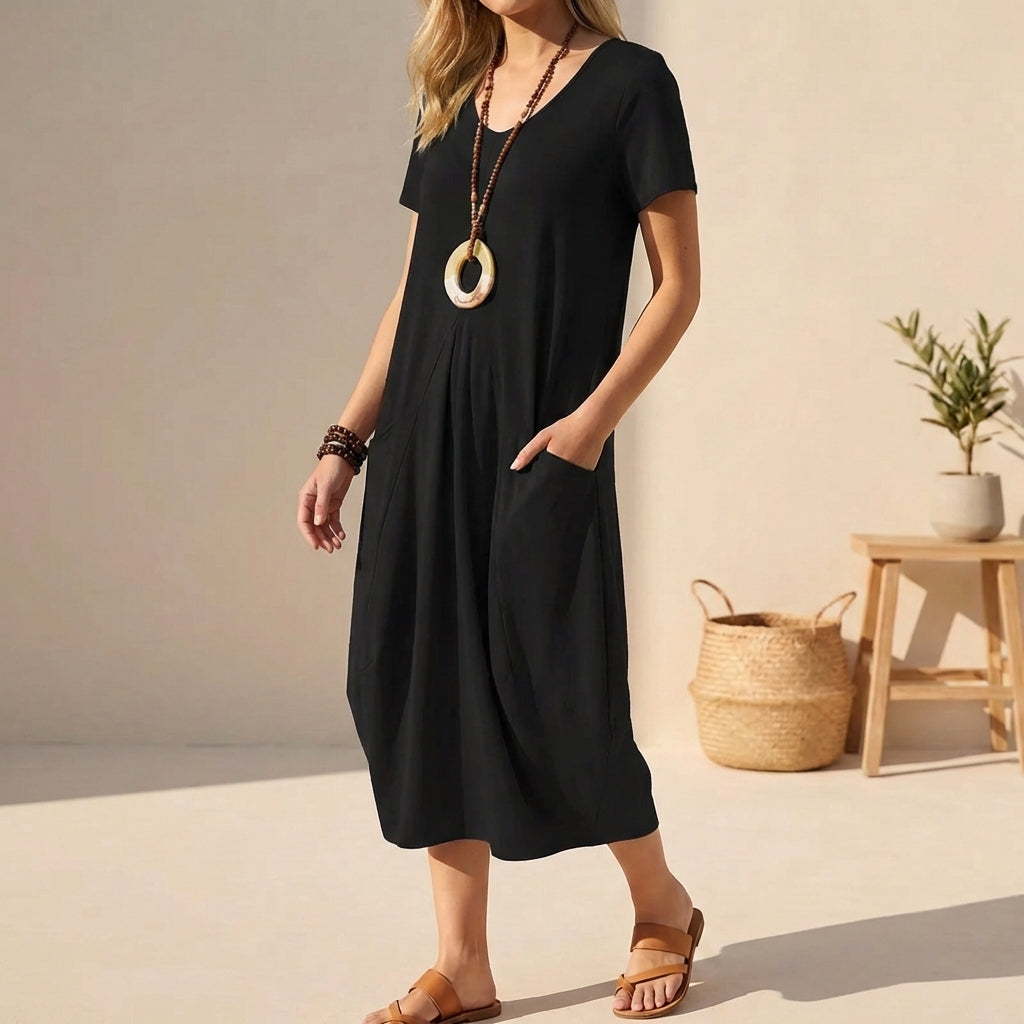 Sabrina | Women's V-Neck A-Line Midi Dress-Omni Prime Goods