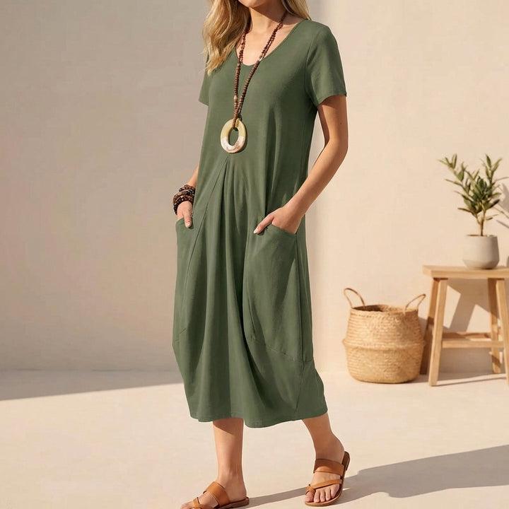 Sabrina | Women's V-Neck A-Line Midi Dress-Omni Prime Goods