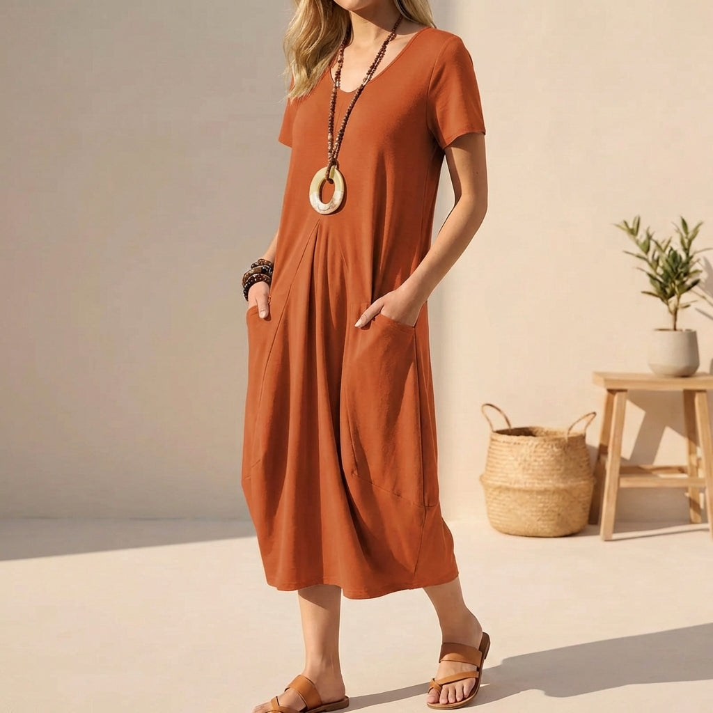 Sabrina | Women's V-Neck A-Line Midi Dress-Omni Prime Goods