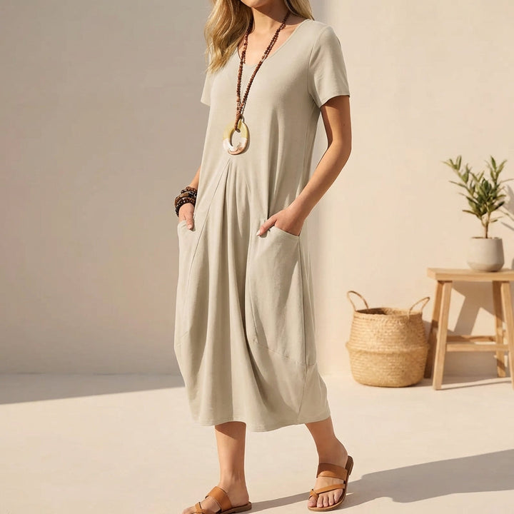 Sabrina | Women's V-Neck A-Line Midi Dress-Omni Prime Goods