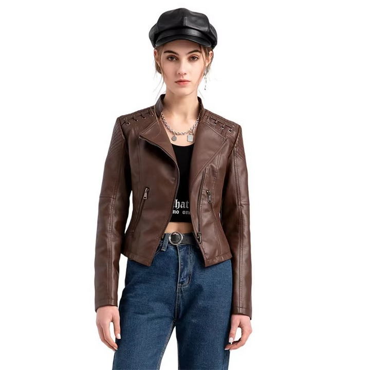Women's PU Leather Motorcycle Jacket – Slim Fit, Zipper Closure, 12 Colors