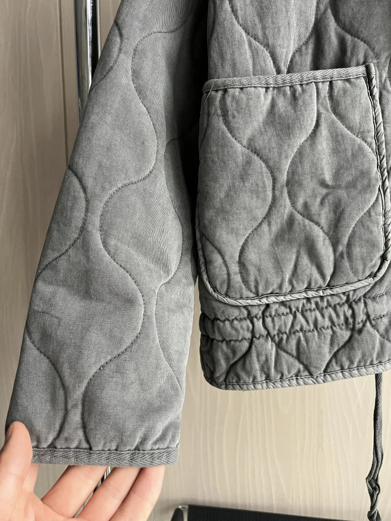 Women's Cropped Padded Jacket with Pockets and Adjustable Belt