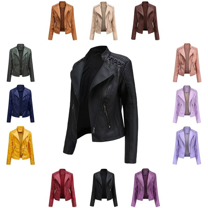 Women's PU Leather Motorcycle Jacket – Slim Fit, Zipper Closure, 12 Colors