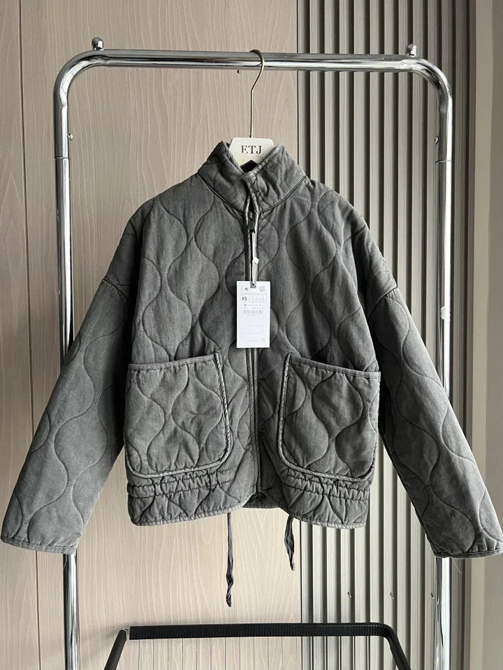 Women's Cropped Padded Jacket with Pockets and Adjustable Belt