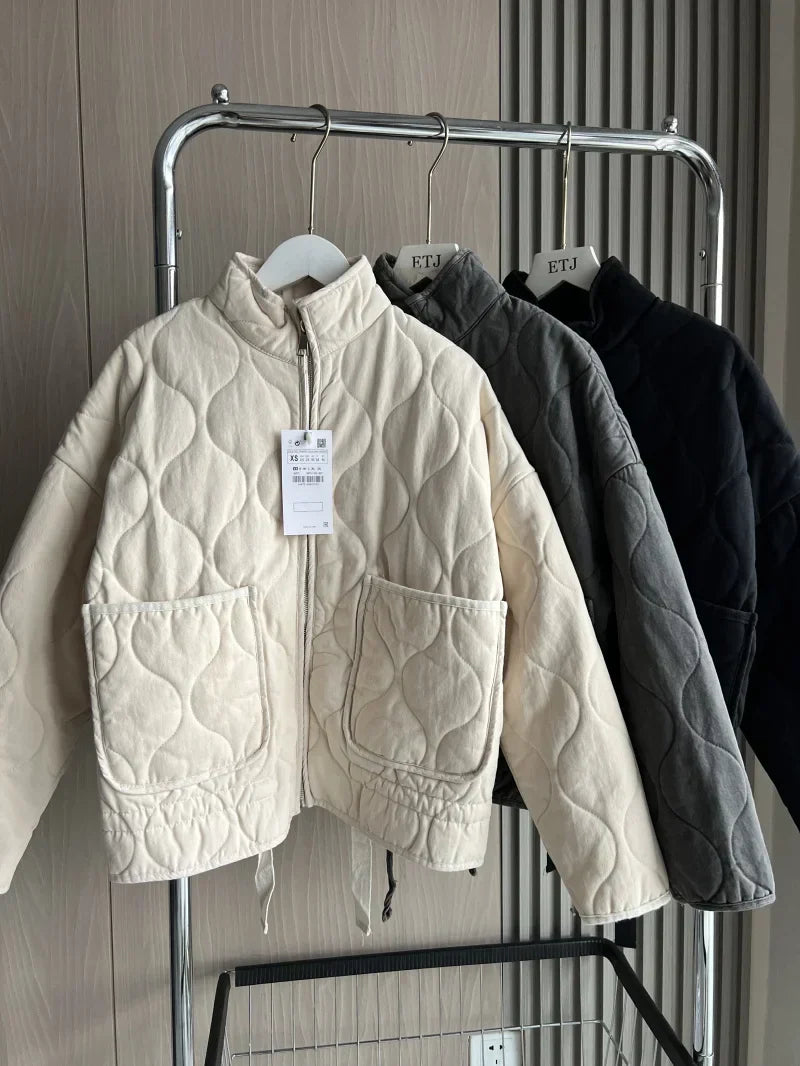 Women's Cropped Padded Jacket with Pockets and Adjustable Belt