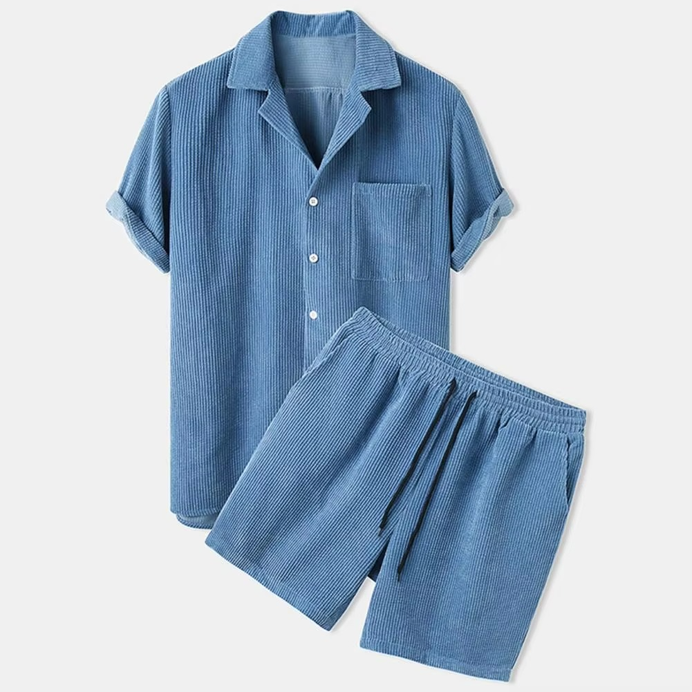 Men's Summer Corduroy 2-Piece Outfit – Short Sleeve Shirt & Shorts