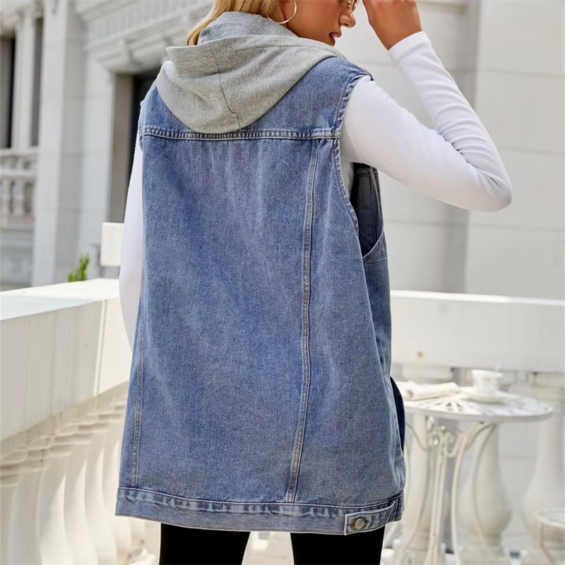 Women's Denim Vest with Removable Hood, Sleeveless Cardigan Jacket