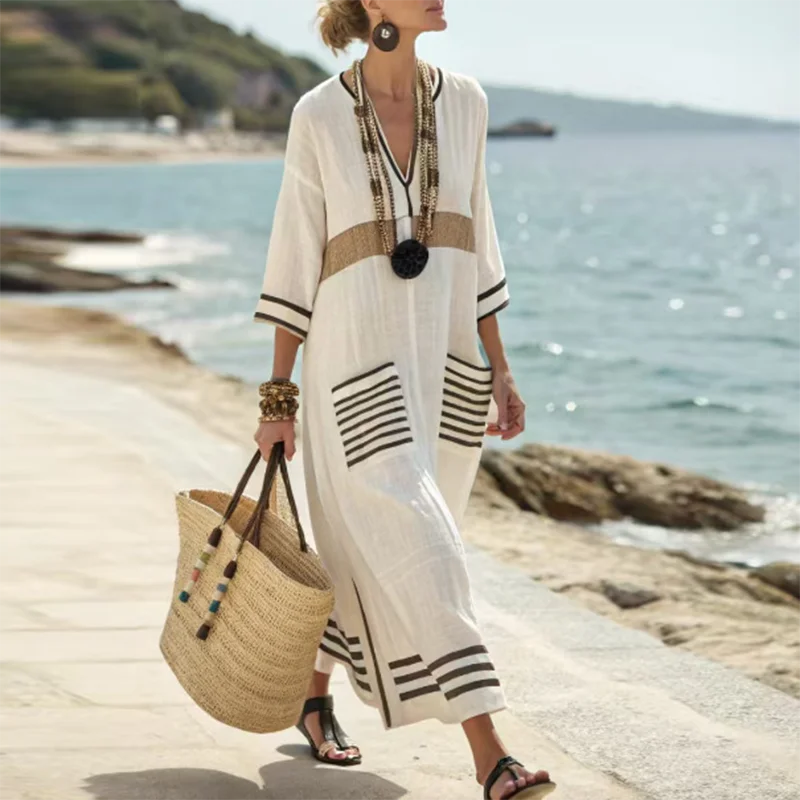 Sophia | Women's Striped Kaftan Dress-Omni Prime Goods