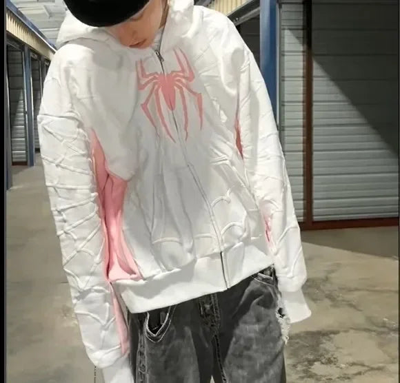 Spider Print Hoodie Hip Hop Style For Autumn Winter Wear Pink