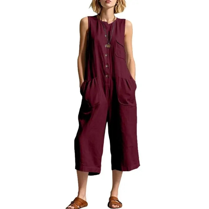 Talia | Women's Button Front Relaxed Dungaree Jumpsuit-Omni Prime Goods