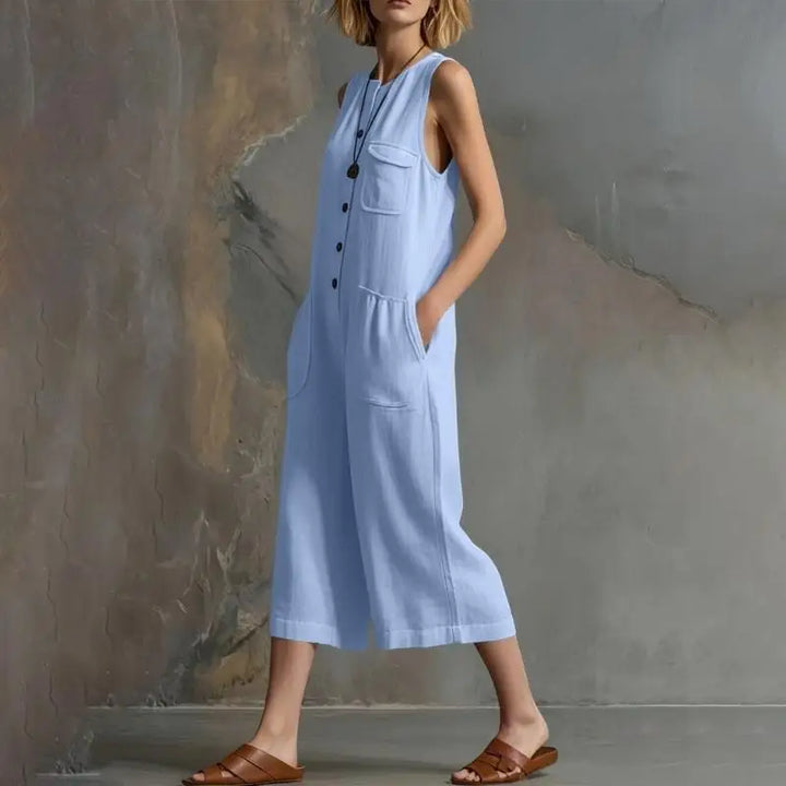 Talia | Women's Button Front Relaxed Dungaree Jumpsuit-Omni Prime Goods