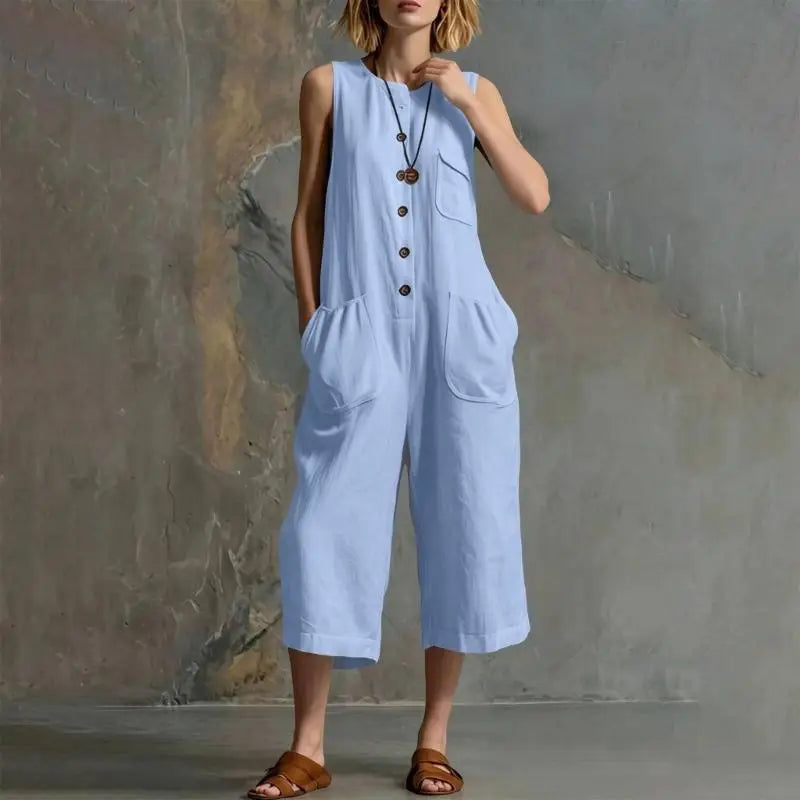 Talia | Women's Button Front Relaxed Dungaree Jumpsuit-Omni Prime Goods