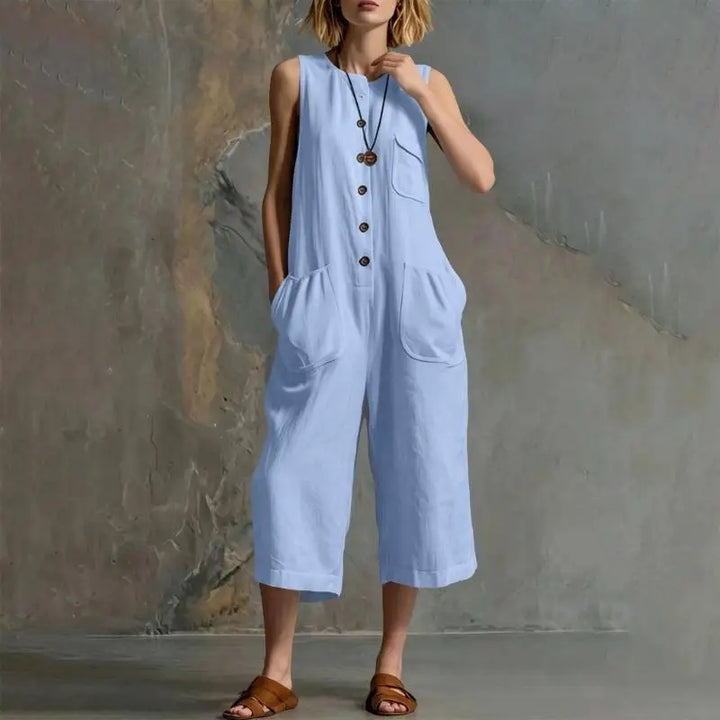 Talia | Women's Button Front Relaxed Dungaree Jumpsuit-Omni Prime Goods
