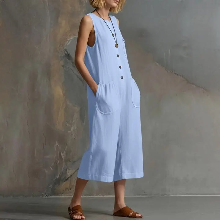 Talia | Women's Button Front Relaxed Dungaree Jumpsuit-Omni Prime Goods