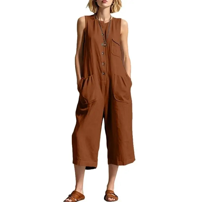 Talia | Women's Button Front Relaxed Dungaree Jumpsuit-Omni Prime Goods